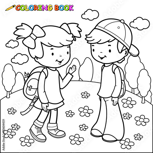 Black and white outline image of a girl and a boy students. Coloring