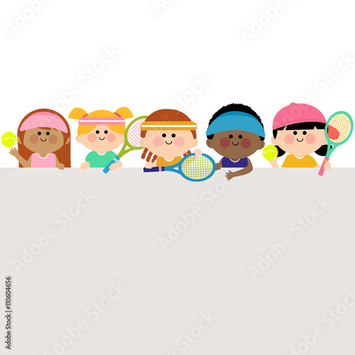 Children tennis players and blank banner. Vector illustration
