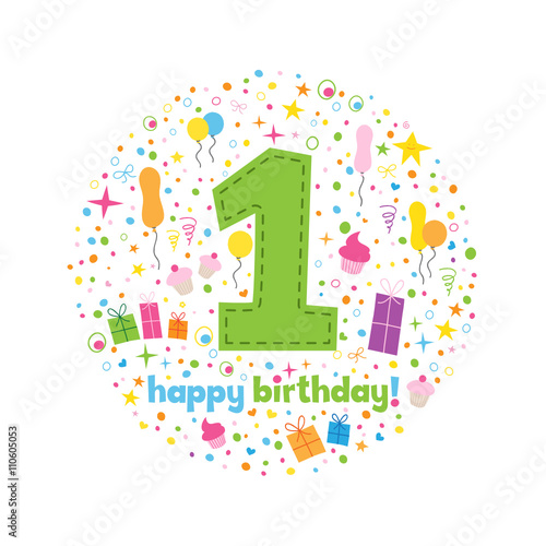 "HAPPY 1st BIRTHDAY" Card in How Chunky font with motifs