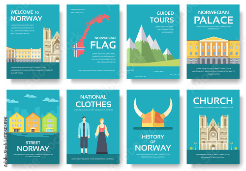 Country Norway travel vacation guide of goods, places and features. Set of architecture, fashion, people, items, nature background concept.  