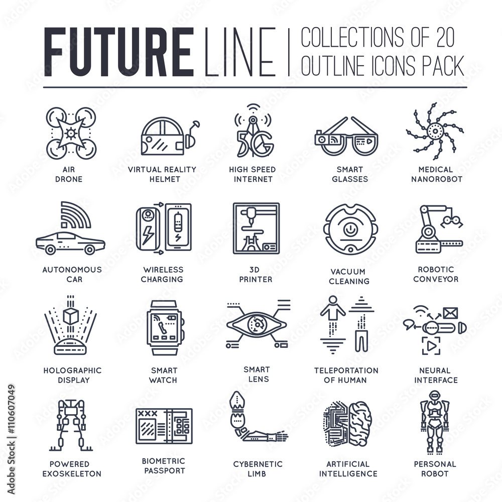 Premium quality future thin line ollection  set. Tomorrow minimalistic symbol pack. Modern technology template of icons, typography, logo, pictogram and illustrations 