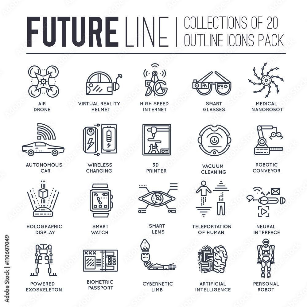 Premium quality future thin line ollection set. Tomorrow minimalistic symbol pack. Modern technology template of icons, typography, logo, pictogram and illustrations Premium quality future thin line ollection set. Tomorrow minimalistic symbol pack. Modern technology template of icons, typography, logo, pictogram and illustrations