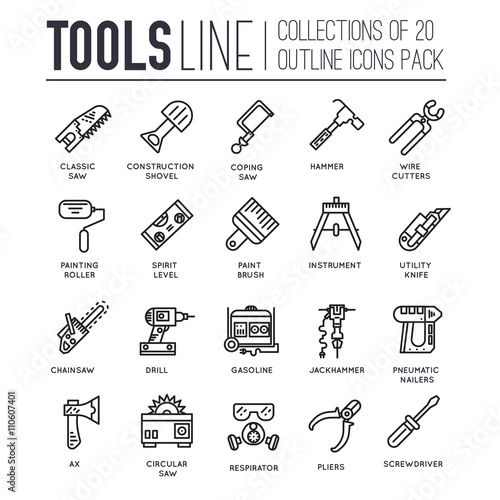 Collection of working tools icons items design. Cnstruction instruments with any elements set. Diy, building, work outline illustrations vector background. Process image on thin line style 