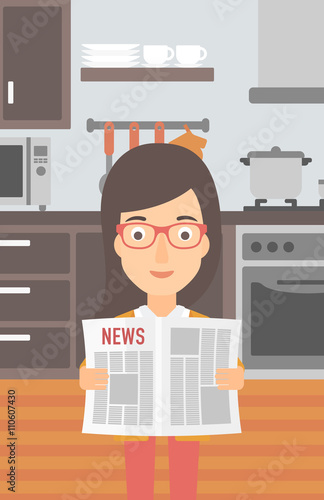 Woman reading newspaper.