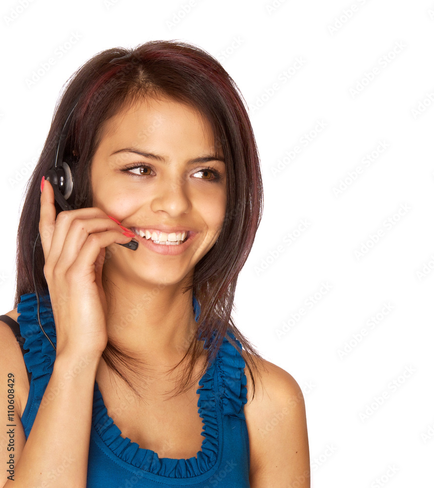 Young woman answering customer service question with a smile and positive attitude Young woman answering customer service question with a smile and positive attitude