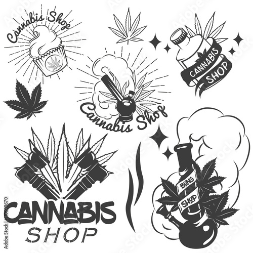 Vector set of medical marijuana labels in vintage style. Cannabis emblems, badges and logos for shop design. Weed leafs, bong