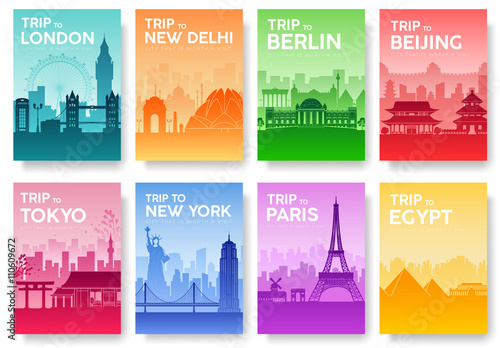 Travel of the world brochure with typography set. England country icon. England country. India country. Germany country. China country. Japan country. Usa country. France country. City landscape