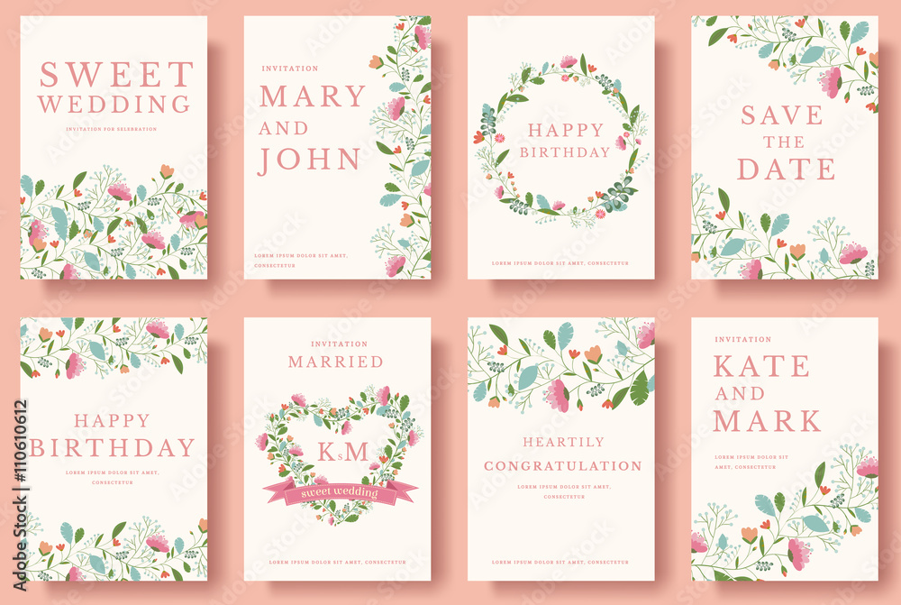 Set of flower invitation cards. colorful greeting wedding invitation card illustration set. Wedding vector design concept 