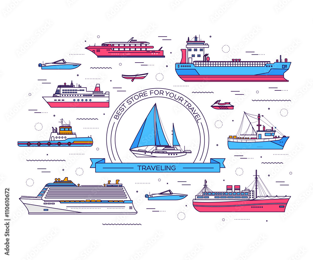 Set of thin line ship vector illustration. Ship thin line icons background 