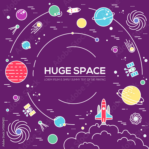 Outer space rocket flying flying to the moon background. Set of huge space infographic universe illustration. Vector thin lines icons stars in galaxy d
