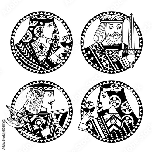 Faces of playing cards characters in black and white