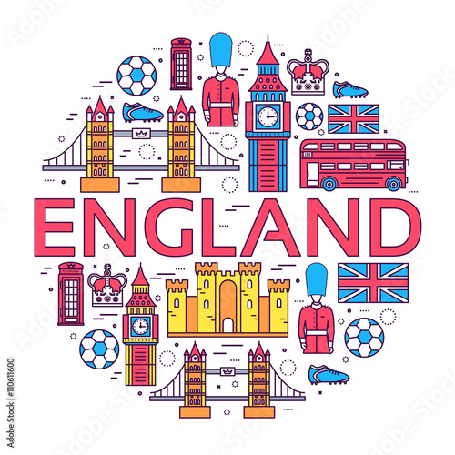 Country England travel vacation guide of goods, places in thin lines style design. Set of architecture, people, sport, icons background concept. Infographics template for web and mobile on vector flat