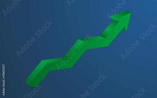  3D green arrow representing growth or profit on blue background ( backdrop ) with barely visible grid. Green arrow full of gradients pointing up with shadow, can be used as infographics element.