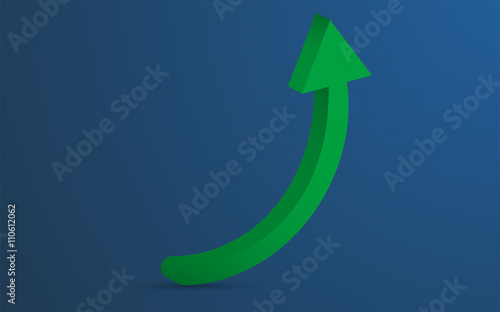 3D rounded green arrow representing growth or profit on blue background ( backdrop ) with barely visible grid. Green rounded arrow pointing up with shadow, can be used as infographics element.