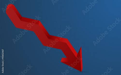 3D red arrow pointing down representing loss. 3D red arrow with shadow pointing down with blue gradient background and barely visible grid. Infographics element in shape of red arrow.
