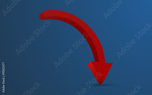 3D rounded red arrow representing loss or warning on blue gradient background ( backdrop ) with barely visible grid. Red rounded arrow pointing down with shadow, can be used as infographics element.