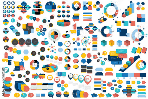 Mega set of infographic elements charts, graphs, circle charts, diagrams, speech bubbles. Flat and 3D design. Vector.