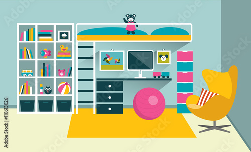 Kids room. Children furniture with bunk bed and table. Flat design vector illustration.