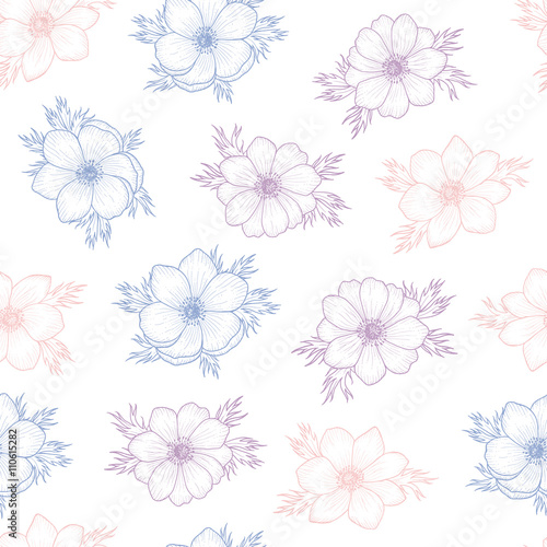 Floral seamless pattern of flower anemone in colors of 2016, Flower seamless pattern for card, mothers day, wedding, birthday, textile, web, wallpaper, wrapping, Vector flower