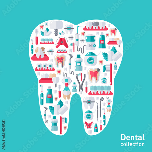 Tooth with dental icons inside.