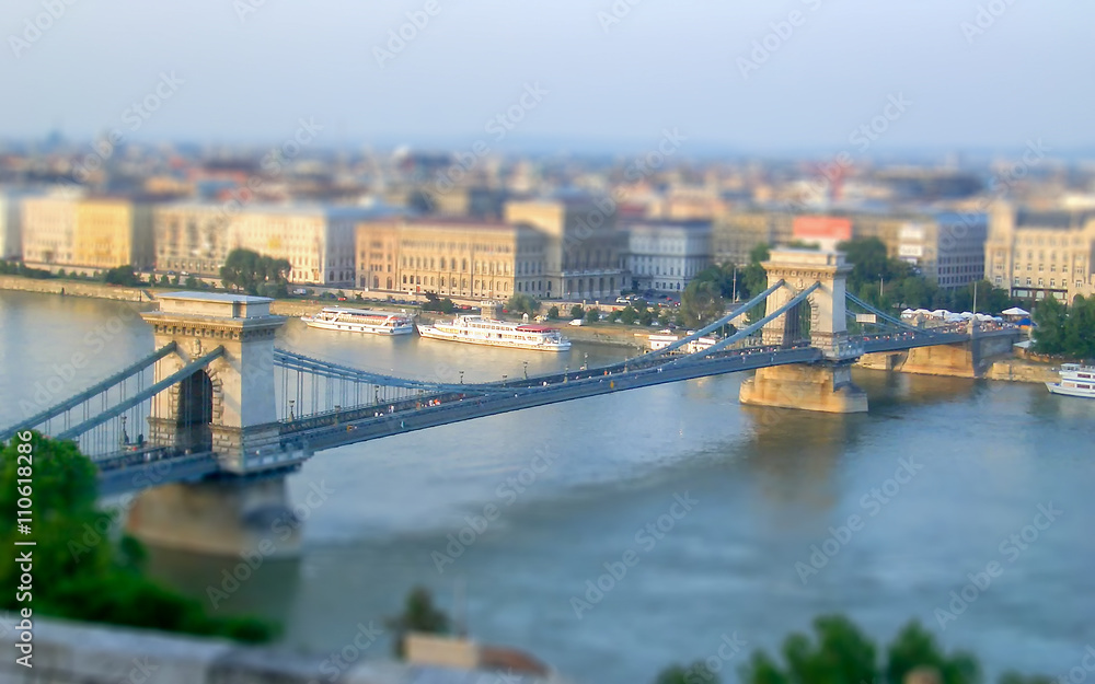 Chain Bridge over the Danube River, Budapest. Tilt-shift effect applied