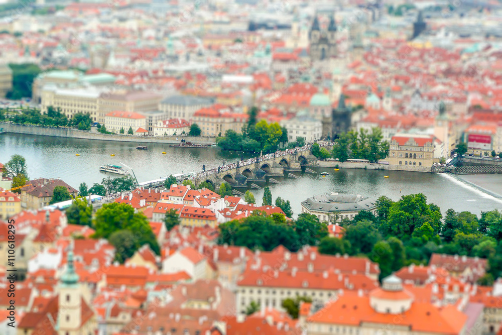 Naklejka premium Panoramic view of Prague, Czech Republic. Tilt-shift effect applied