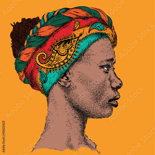 Pretty African American Girl in a turban with Paisley. Beautiful black woman. Profile view. Hand draw vector illustration