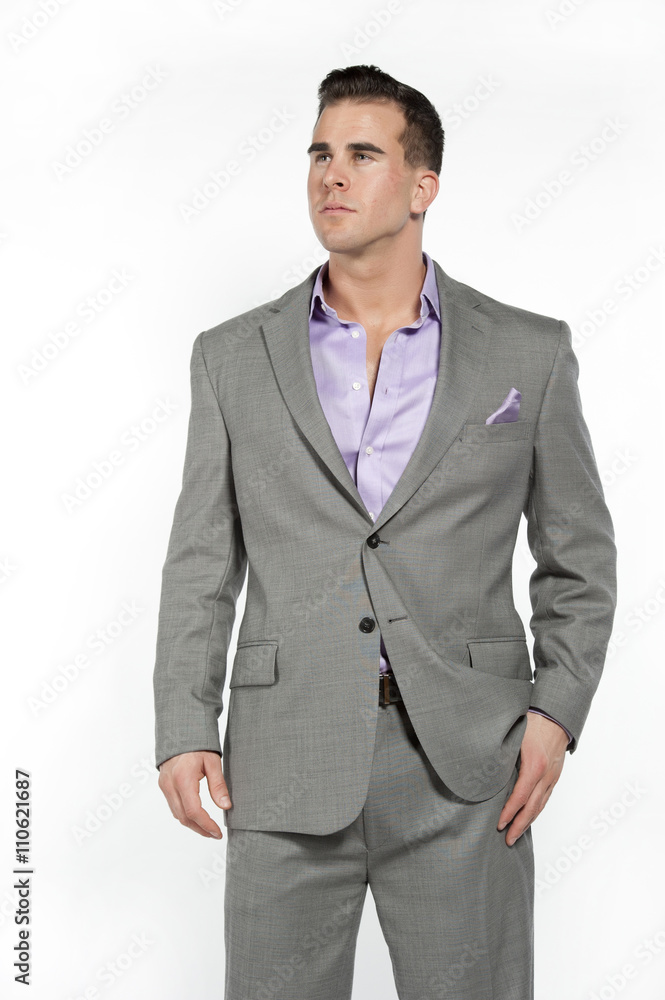 Caucasian Athletic Male in Fitted Gray Suit Caucasian Athletic Male in Fitted Gray Suit