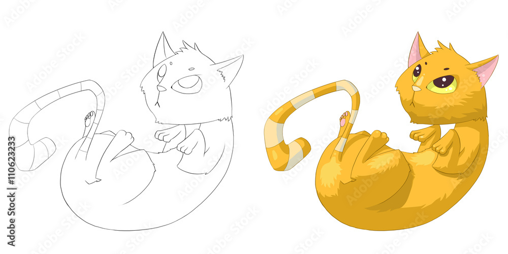 Fototapeta premium Creative Illustration and Innovative Art: Animal Set: Sketch Line Art and Coloring Book: Bobcat, Cat. Realistic Fantastic Cartoon Style Character Design, Wallpaper, Story Background, Card Design 