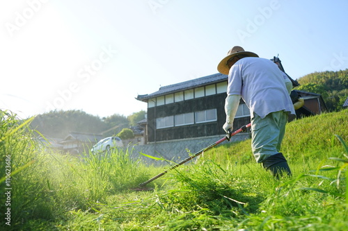 Photos Old man mowing grass with mower / 草刈機で草刈りをする高齢者 農作業 農業 おじいさん おばあさん 農家 栽培