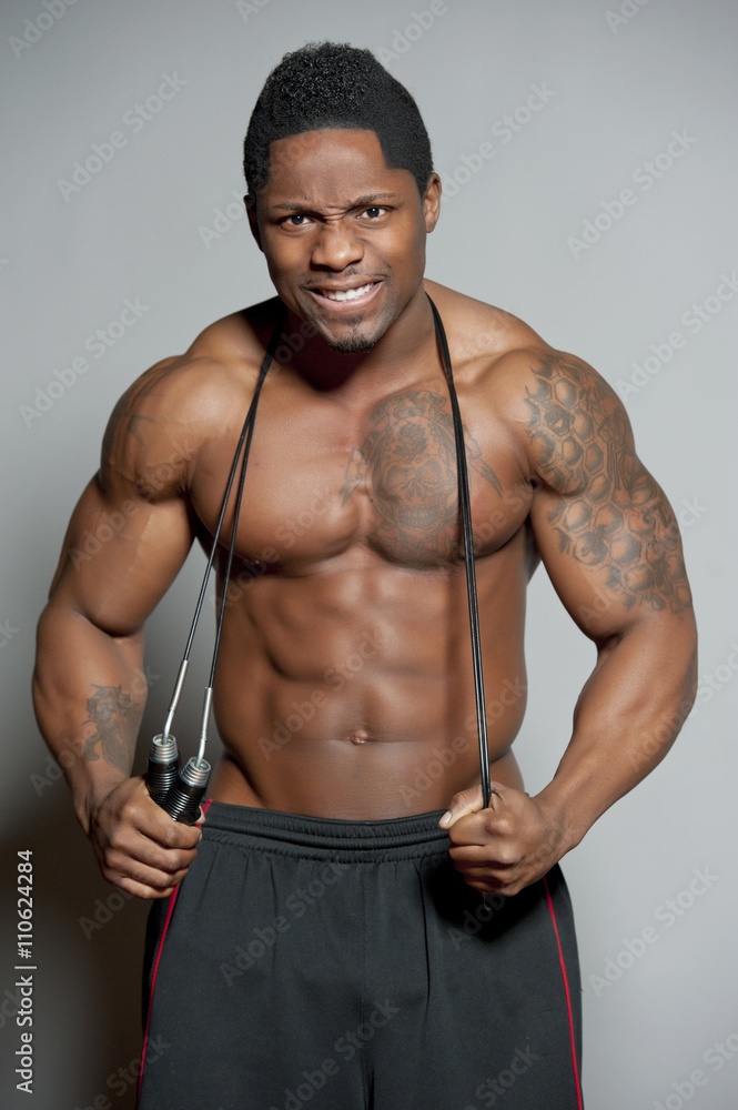 African American Body Builder with Jump Rope African American Body Builder with Jump Rope