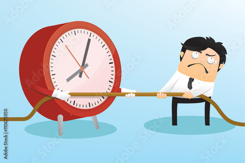 Clock and businessman fighting tug of war war for get time