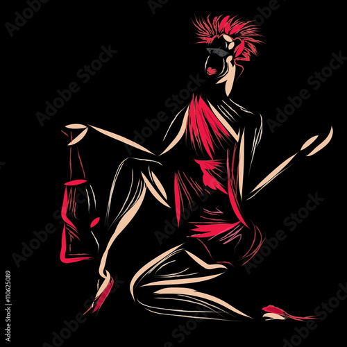 Fashion Sketch, Girl on black Background (vector Art)