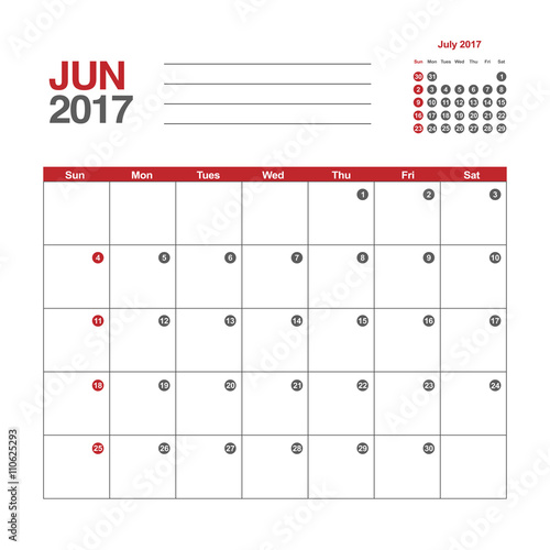 Template of calendar for June 2017
