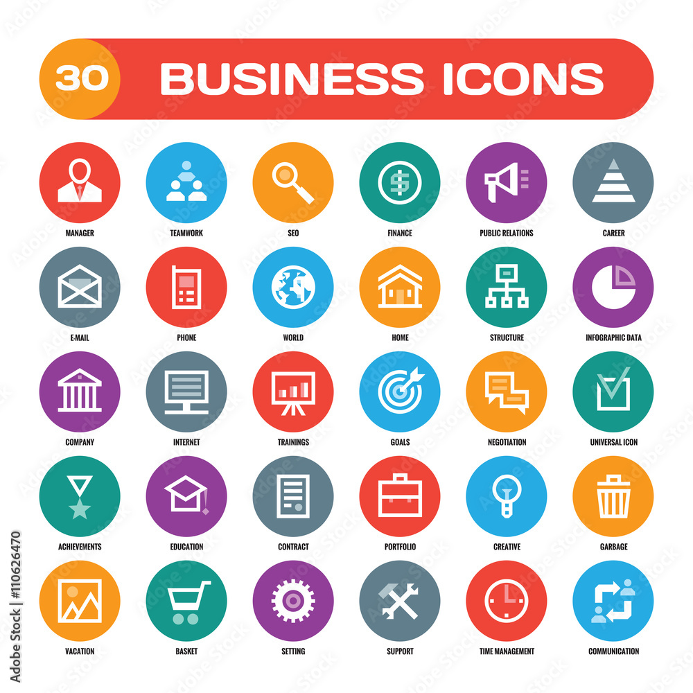30 business creative vector icons in flat style for material design  projects. Business vector icons set. Flat icons collection. Vector signs.  Vector flat icons for website, blog, mobile application. Stock Vector