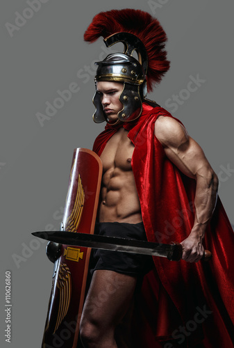 A man in Roman soldier costume.