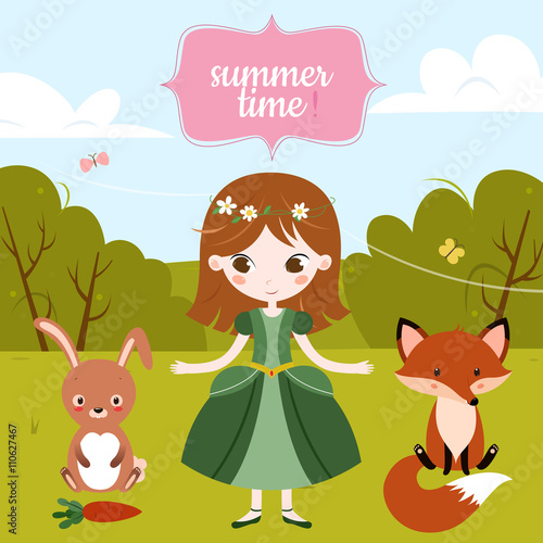 Vector illustration of cute cartoon girl and text Summer Time on the blue background.