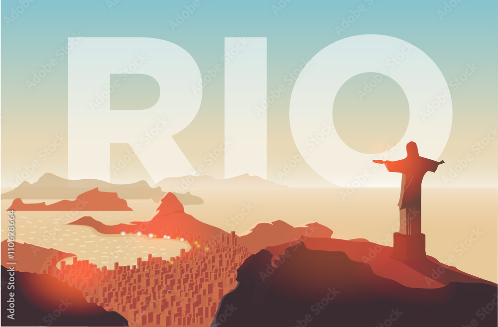 Rio de Janeiro skyline. Statue rises above the brazilian city. Sunset sky over Copacabana beach. Vector illustration