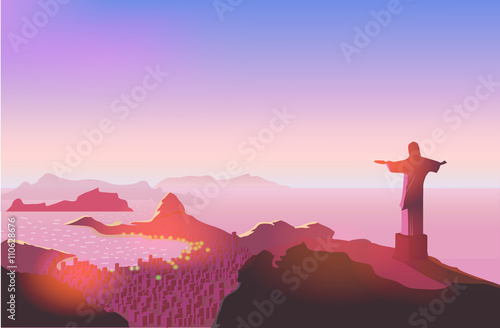 Rio de Janeiro skyline. Statue rises above the brazilian city. Sunset sky over Copacabana beach. Vector illustration
