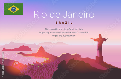Rio de Janeiro skyline. Statue rises above the brazilian city. Sunset sky over Copacabana beach. Vector illustration