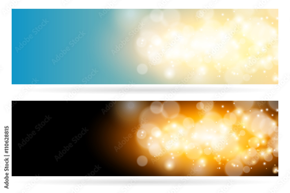 Abstract sparkling cloud light magic blue background. Bright glow spark and bokeh effect horizontal banner set.