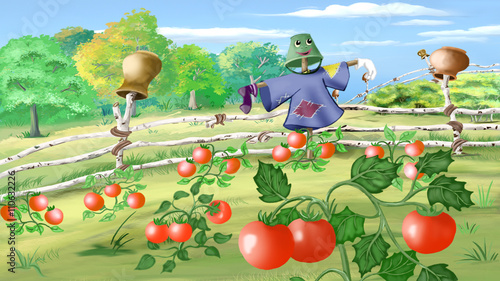 Rural landscape with Scarecrow in a Kitchen Garden.