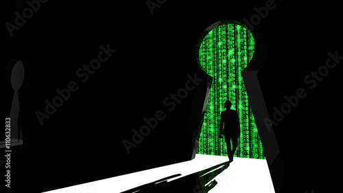 Elite hacker entering a room in green