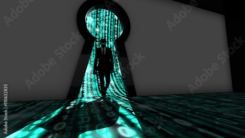 Foto Elite hacker entering a room in turquoise