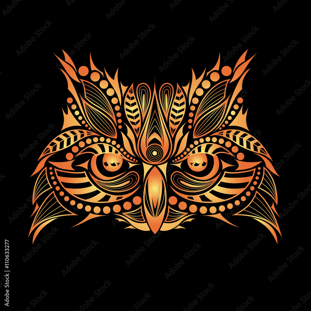Patterned Golden head of the owl. African / indian / totem / tattoo design. It may be used for design of a t-shirt, bag, postcard and poster. Patterned Golden head of the owl. African / indian / totem / tattoo design. It may be used for design of a t-shirt, bag, postcard and poster.