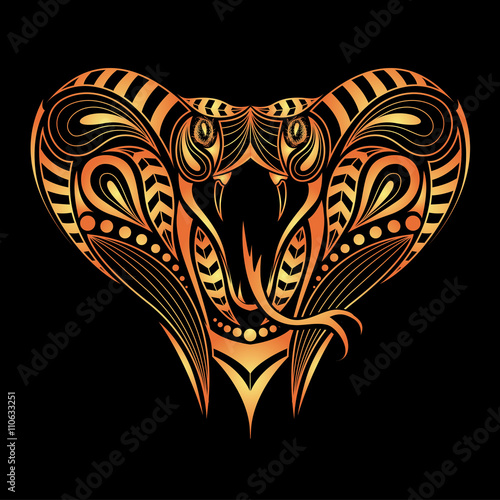 Patterned colored head of the King Cobra. African, indian tattoo design. It may be used for design of a t-shirt, bag, postcard and poster.