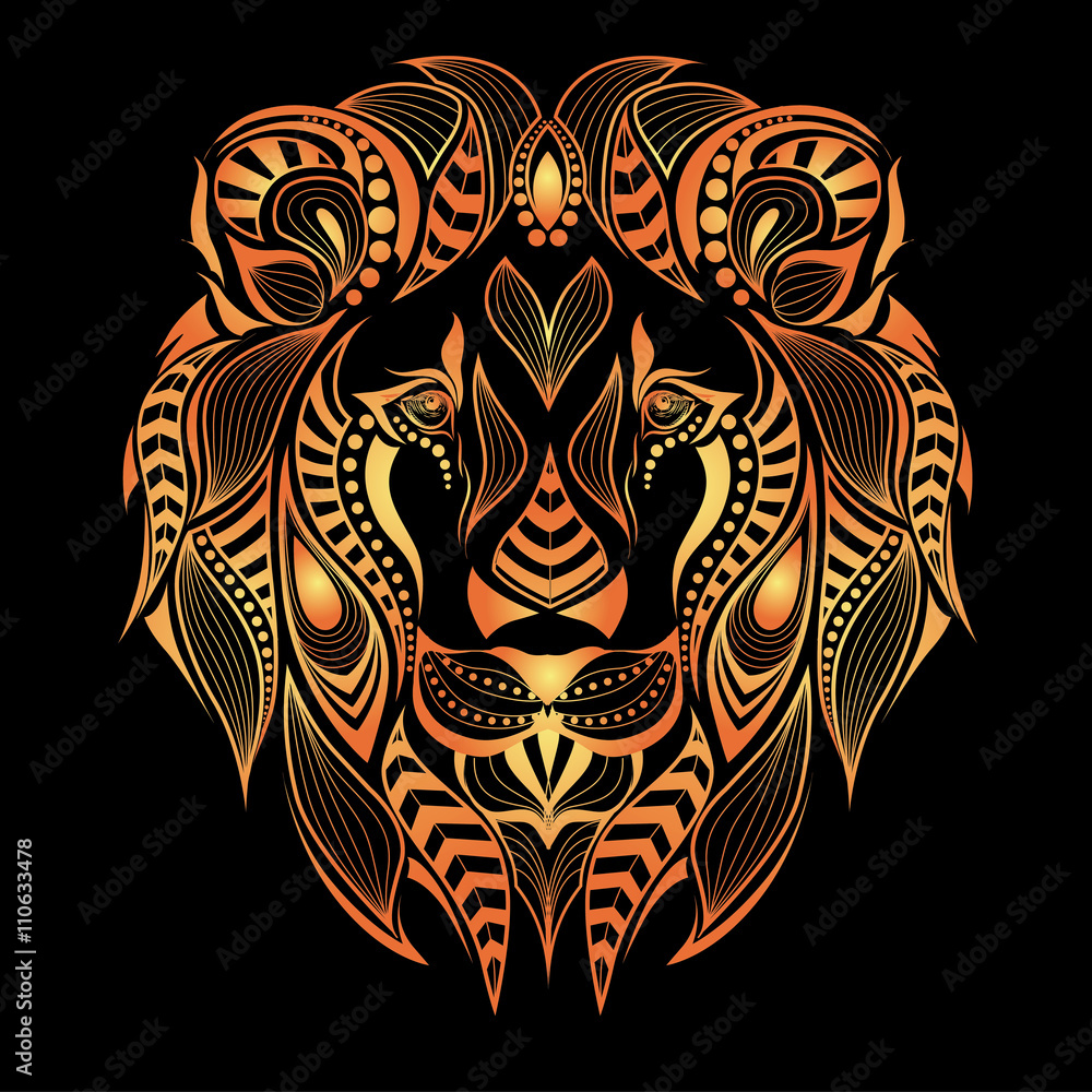 Fototapeta premium Patterned colored head of the lion. African / indian / totem / tattoo design. It may be used for design of a t-shirt, bag, postcard and poster.
