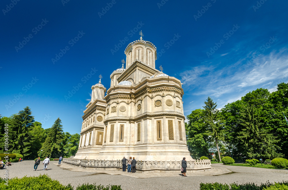 Curtea de Arges monastery, Romania. Curtea de Arges Monastery is known because of the legend of architect master Manole. It is a landmark in Wallachia, medieval Romania.