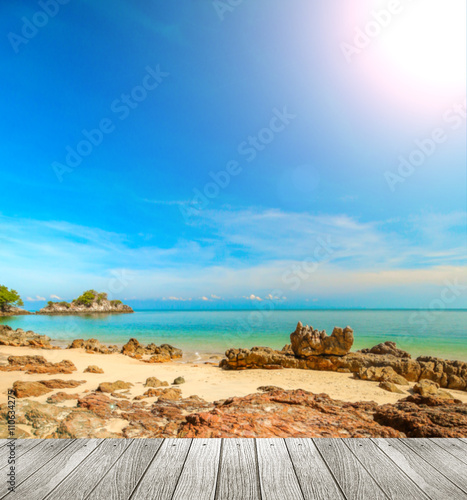 Beautiful beach of south of Thailand with wooden under for put your products.