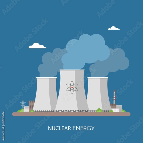 Nuclear power plant and factory. Energy industrial concept. Vector illustration in flat style. Electricity station background